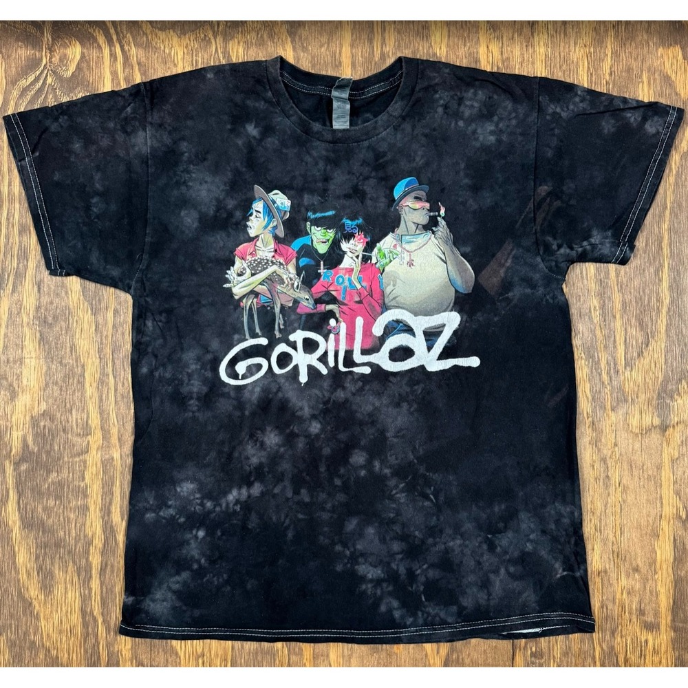 Gorillaz Band Tee Black Gray Bleach Tie Dye Graphic Shirt Gildan Large